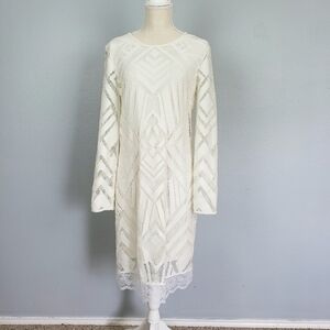 DKNY Textured Geometric Lace Sheath Dress Long Sleeve Sz 12 Cream